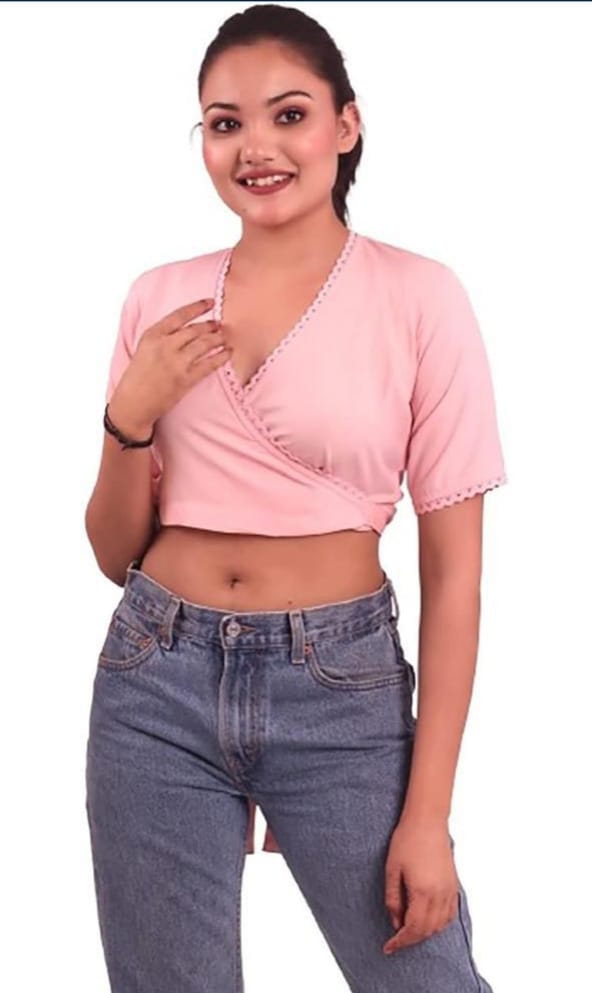 Multicolor feather v-neck crop top with bell sleeves