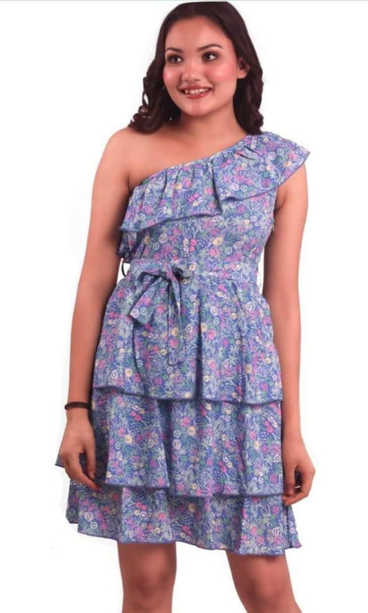 Blue floral one shoulder truffle dress