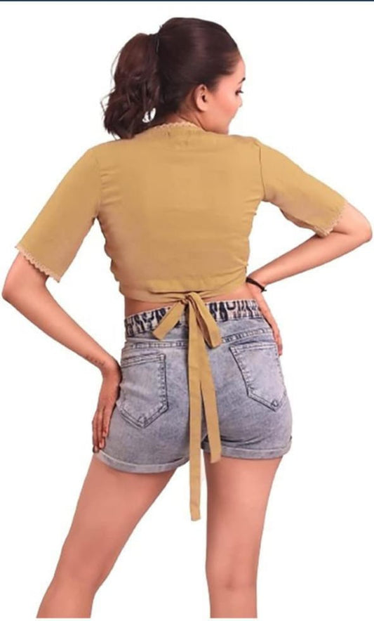 Multicolor feather v-neck crop top with bell sleeves