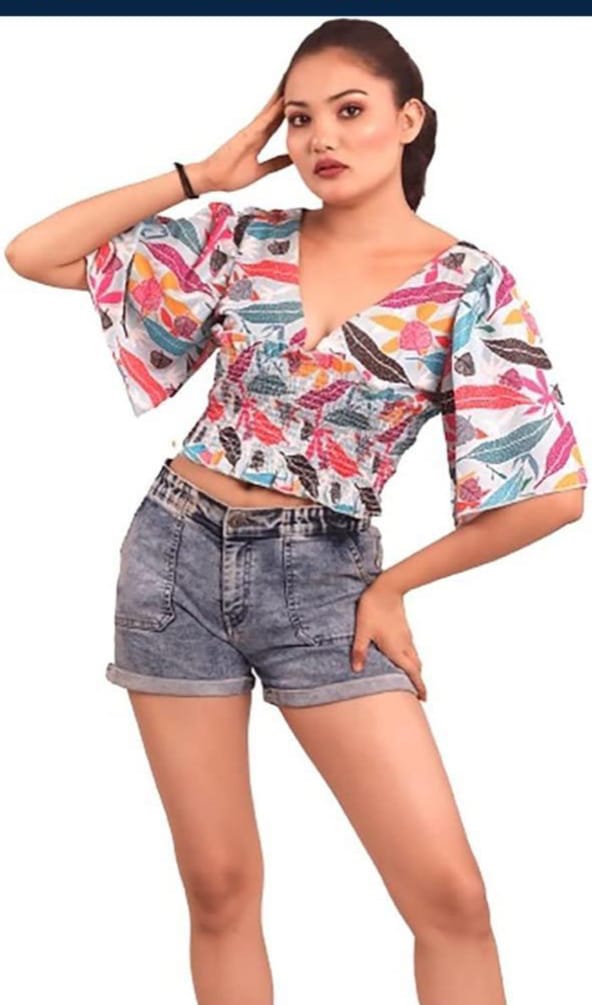 Multicolor feather v-neck crop top with bell sleeves
