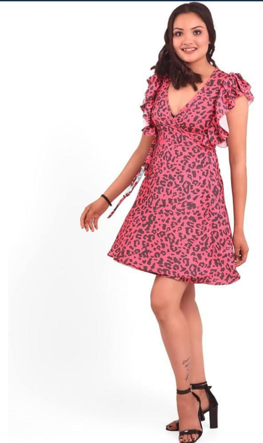 Pink and blue leopard wrap dress
