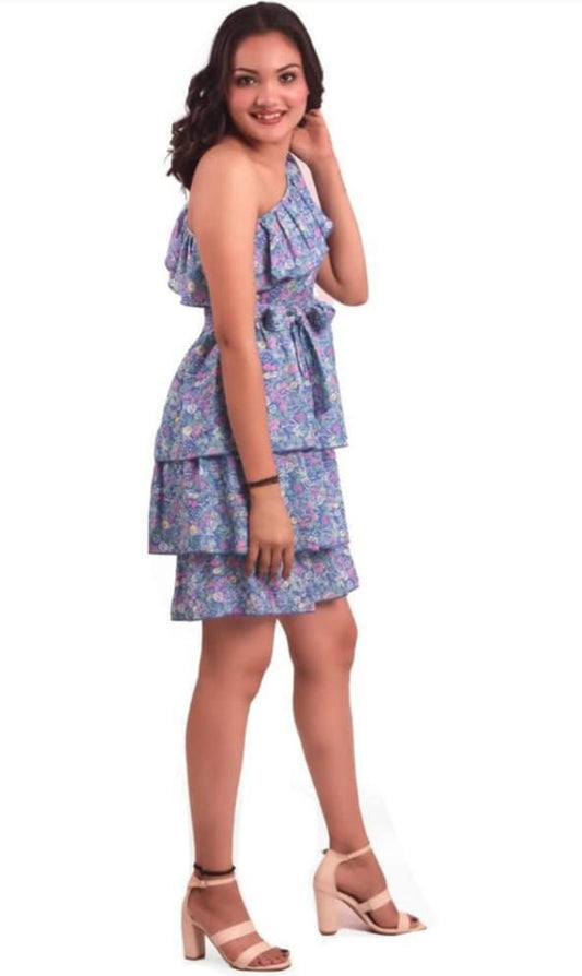 Blue floral one shoulder truffle dress