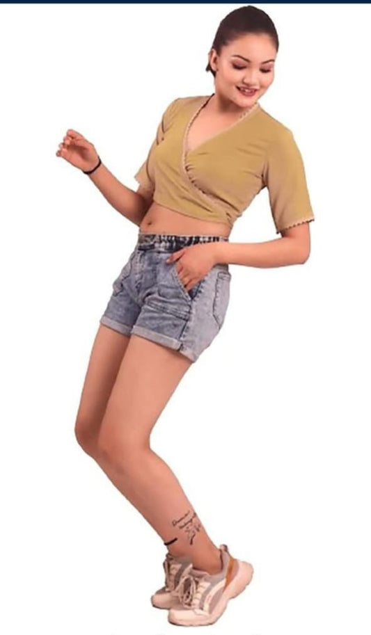 Multicolor feather v-neck crop top with bell sleeves