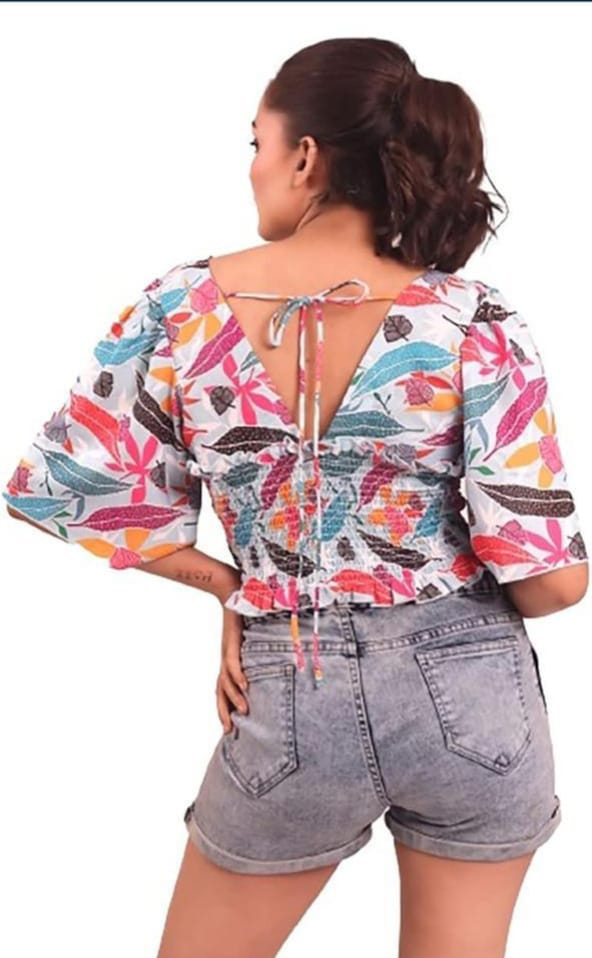 Multicolor feather v-neck crop top with bell sleeves