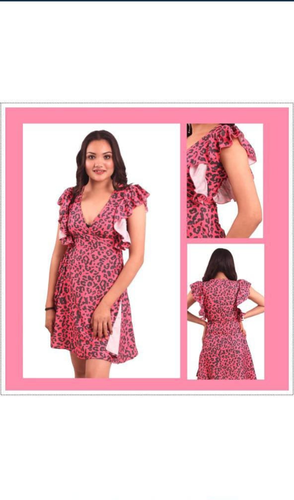 Pink and blue leopard wrap dress