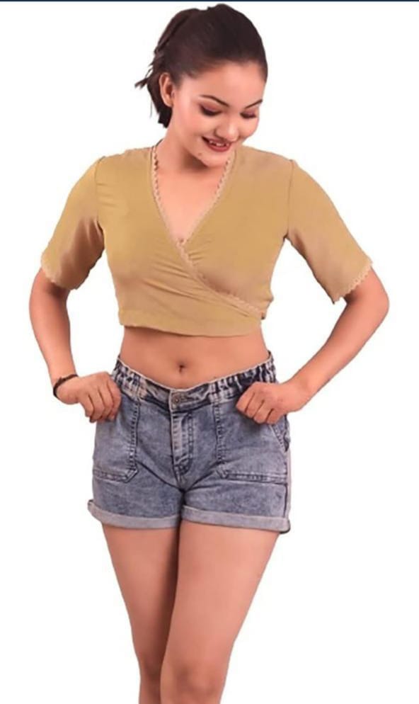 Multicolor feather v-neck crop top with bell sleeves
