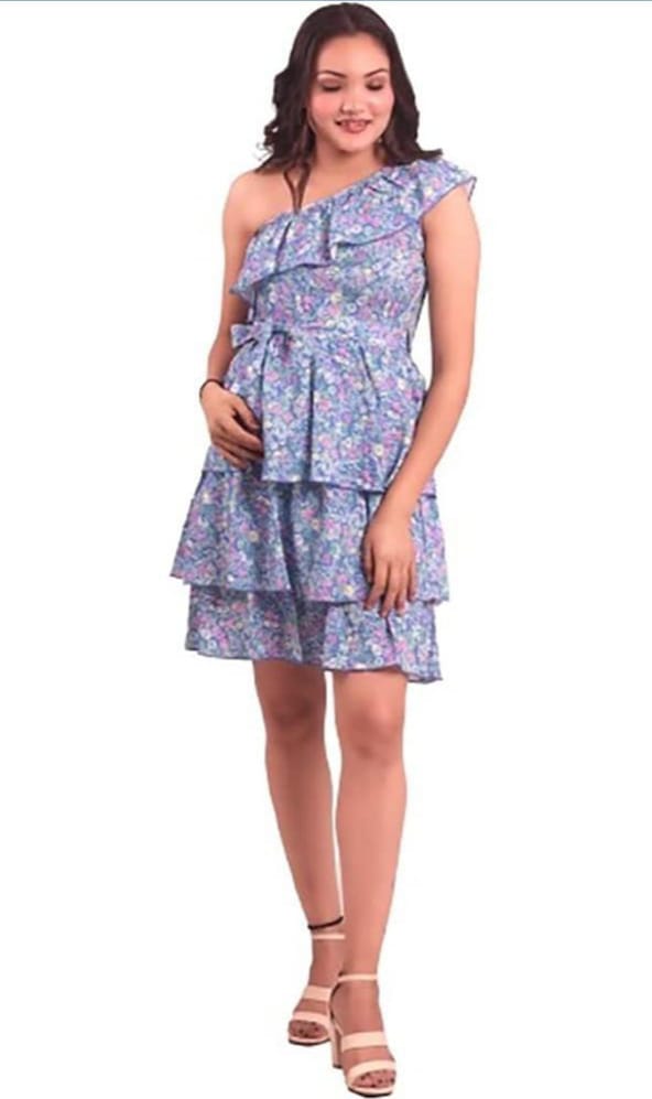Blue floral one shoulder truffle dress