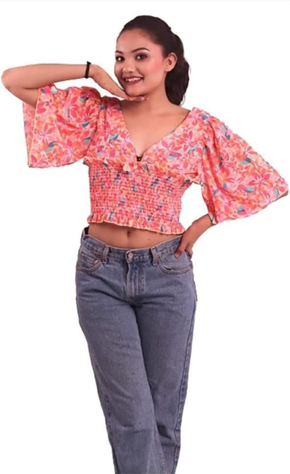 Multicolor feather v-neck crop top with bell sleeves
